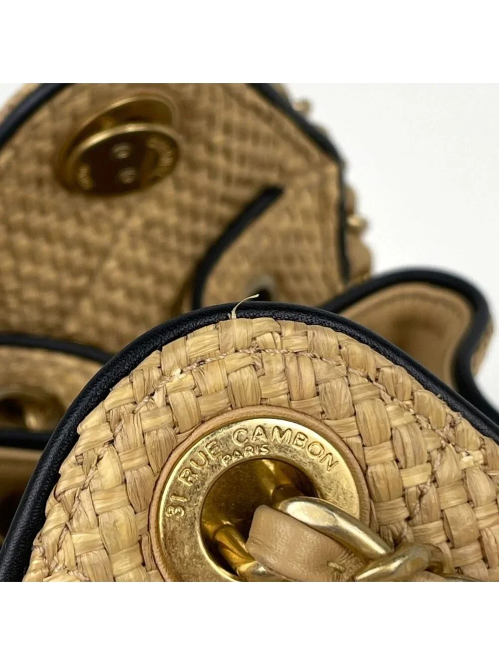 Chanel 25 Mini Handbag CC Logo Raffia Beige Black